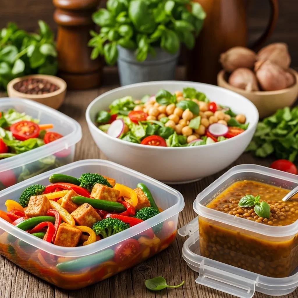 Colorful plant-based meal-prep dishes: stir-fry, chickpea salad, lentil soup — easy, flavorful options