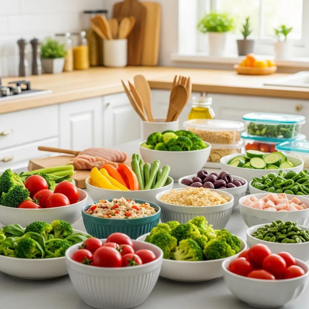 Colorful healthy meal prep ingredients arranged in a bright kitchen, showcasing nutritious options for busy professionals