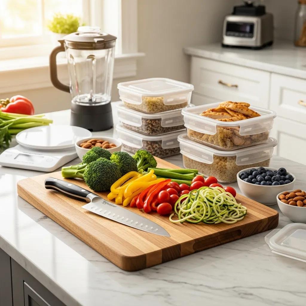 Basic meal prep tools with fresh ingredients laid out for an easy start
